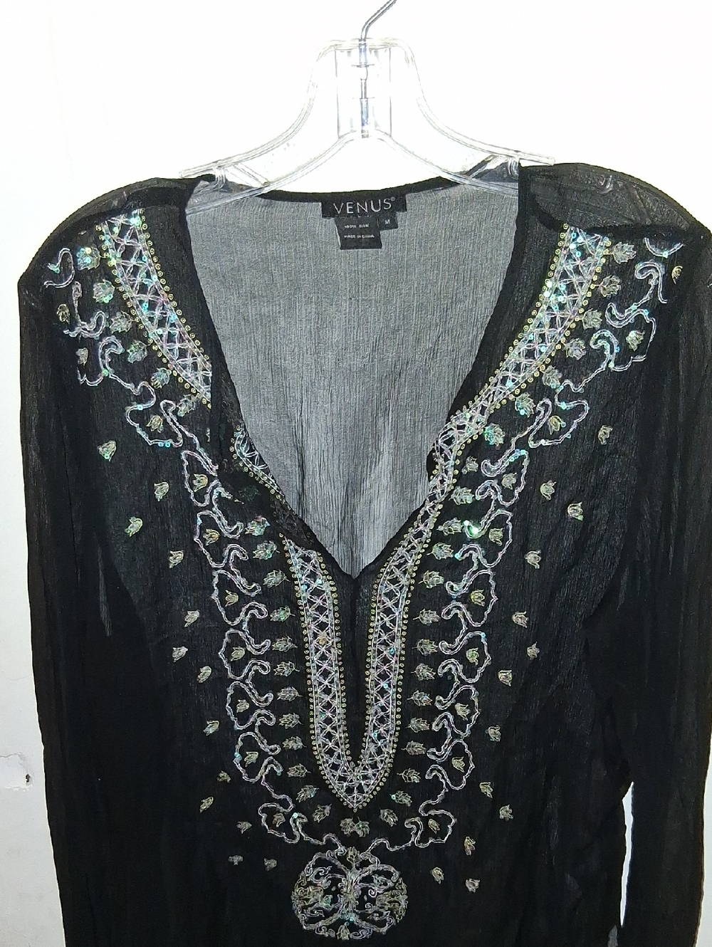 VENUS Black Embroidered Sheer Tunic with Iridescent Accents